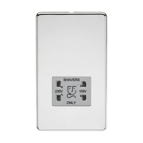 Introducing the 115/Dual Voltage Shaver Socket in polished chrome, complete with a grey insert and screwless design. This sleek outlet is labeled "SHAVERS ONLY" and supports dual voltage options of 230V and 115V. It features two round pinholes and a central flat pinhole, specifically designed for shaver plugs.