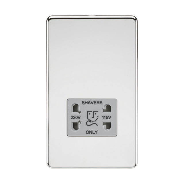 Introducing the 115/Dual Voltage Shaver Socket in polished chrome, complete with a grey insert and screwless design. This sleek outlet is labeled "SHAVERS ONLY" and supports dual voltage options of 230V and 115V. It features two round pinholes and a central flat pinhole, specifically designed for shaver plugs.