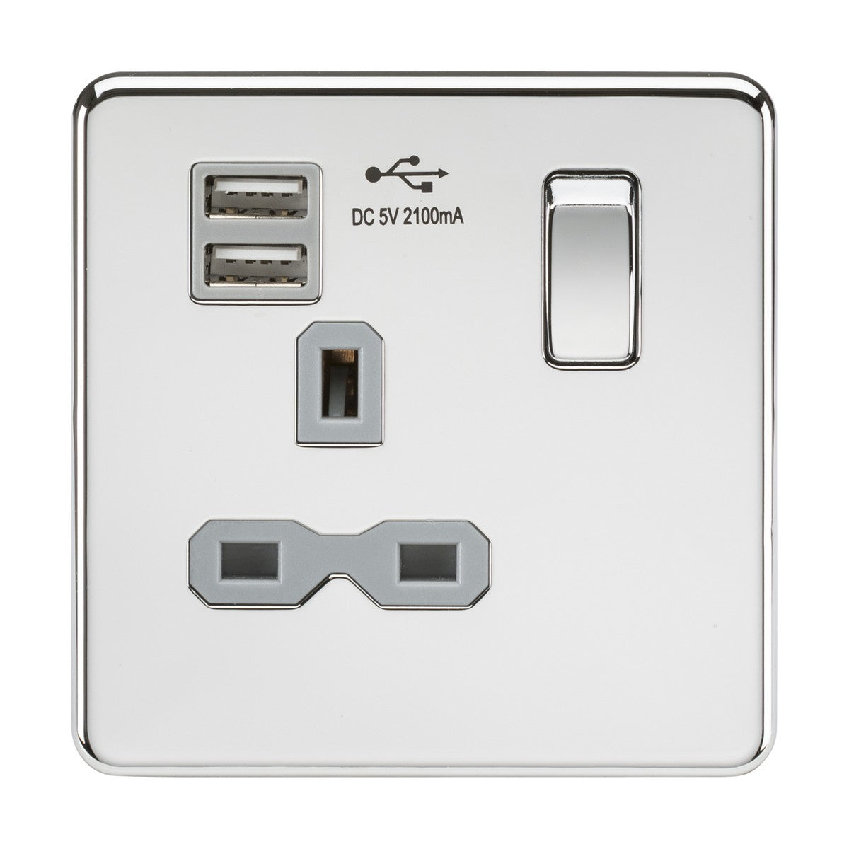 13A 1G SP Switched Socket with Dual USB A+A (5V DC 2.1A shared) - Polished Chrome with Grey Insert