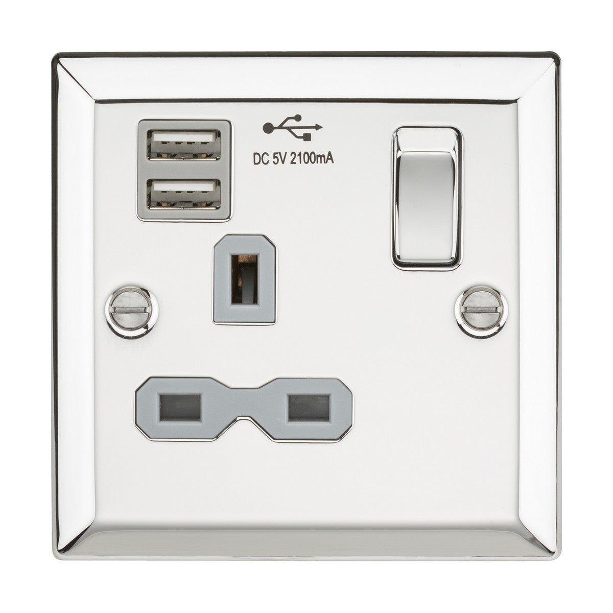 13A 1G Switched Socket Dual USB Charger Slots with Grey Insert - Bevelled Edge Polished Chrome