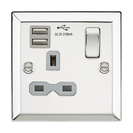 13A 1G Switched Socket Dual USB Charger Slots with Grey Insert - Bevelled Edge Polished Chrome