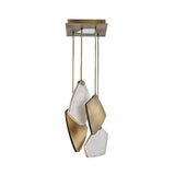 The Caelis 4 Light LED Alabaster Cluster Pendant Light in brushed brass and soft white features four geometric panels suspended at varying heights from a rectangular brass ceiling mount, echoing the elegant style of Spanish alabaster lighting.