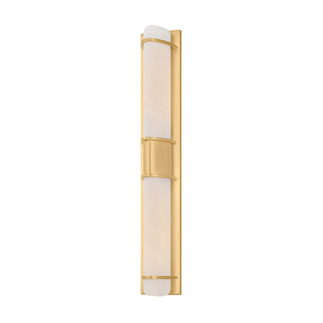 The Averna LED Large Framed Alabaster Wall Light in soft white with a brushed brass frame brings modern elegance to any room with its contemporary design and rectangular backplate.