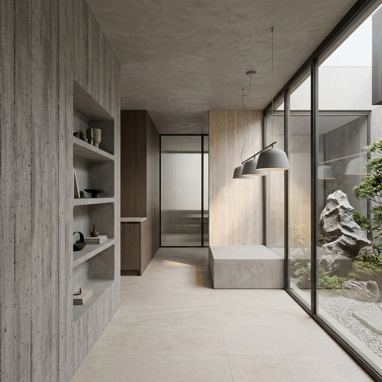 Niori Bounds 3 Light Linear Pendant in light grey with three matt dome shades on a slim bar, hung in a minimalist concrete hallway beside a zen garden.