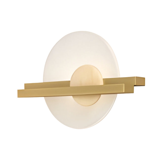 The Elyra LED Alabaster Wall Light features a round soft white alabaster base with two horizontal brushed brass bars crossing at the center, offering a modern, geometric style.