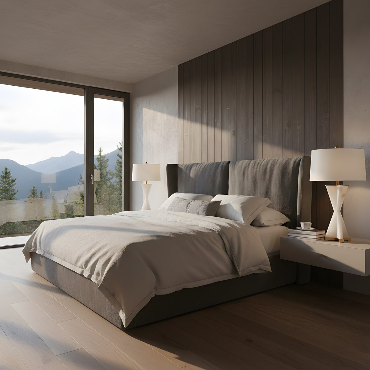 A modern bedroom with a large bed, two white bedside tables topped with Astren 1 Light Crossed Alabaster Table Lamps in Brushed Brass & Soft White. Light wood floors and floor-to-ceiling windows fill the minimalist space with natural light and mountain views.