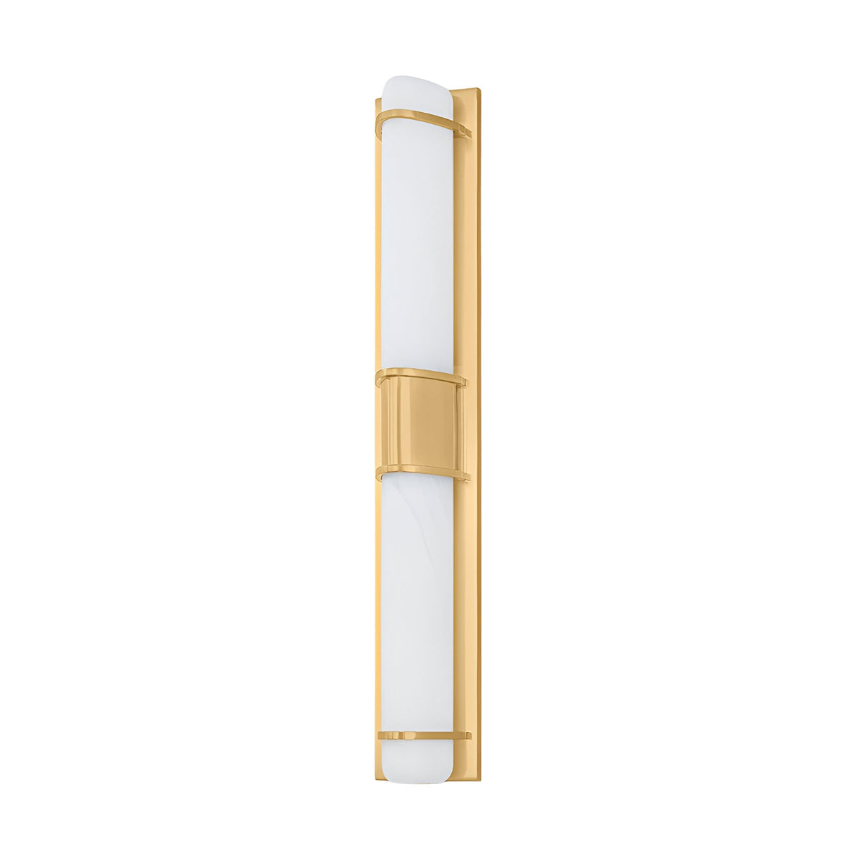 The Averna LED Large Framed Alabaster Wall Light features a vertical alabaster shade in soft white, mounted on a brushed brass rectangular backplate with matching metal accents.
