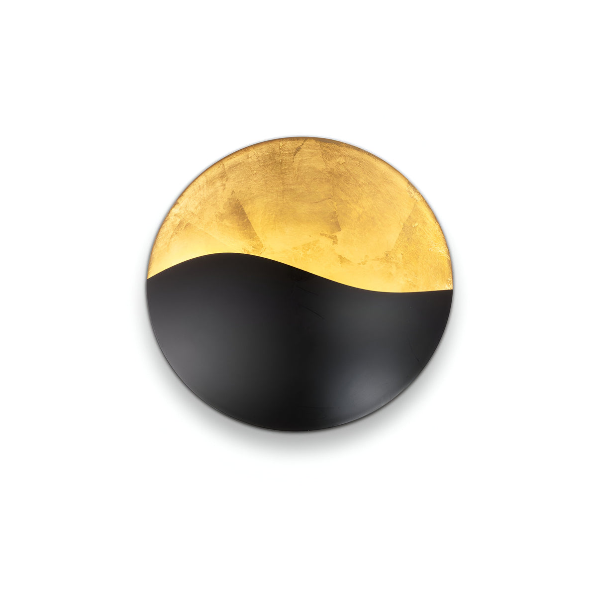 The Beamrise 2 Light Wall Light - Gold features a round disc design with a black bottom half and golden top half, reminiscent of a modern lighting fixture. The two colors are divided by a smooth, wavy line, creating an elegant and minimalist aesthetic that provides ambient lighting with its abstract appearance.