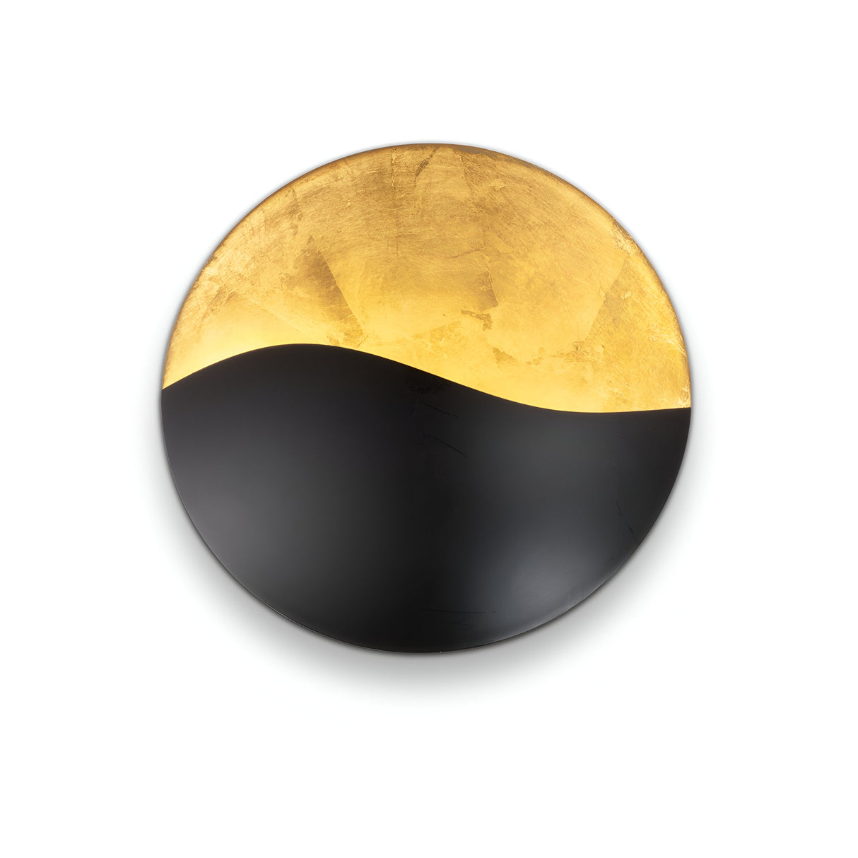 The Beamrise 4 Light Wall Light - Gold is a round, glossy wall decor piece featuring modern lighting elements. The top half boasts a shiny gold finish with a textured appearance, while the bottom half is solid black, separated by a wavy line. This elegant piece beautifully complements ambient lighting in any room.