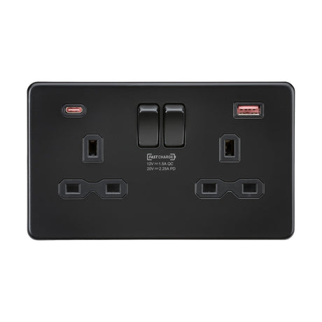 The 13A 2 Gang DP Switched Socket With Dual USB A+C in Matt Black features a sleek, screwless design and includes two USB ports, one USB-A and one USB-C. It offers dual charging with FASTCHARGE capabilities, while switches located above the sockets provide convenient and efficient power management for your devices.