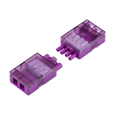 A VELOX 20A 4-Pin Lighting Connector set, including male and female connectors, designed for high-current use in electronics or RC applications. These connectors have a maintenance-free design and feature a transparent casing with visible metal contacts.