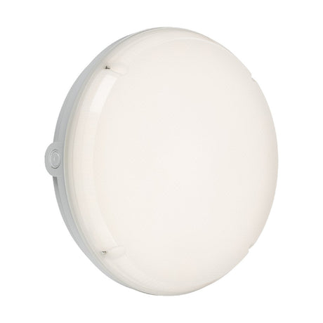 The TENAX One Round Bulkhead Casing in white, constructed from anti-corrosive polycarbonate, is mounted against a white background. It showcases a smooth, circular design with a gently elevated edge.