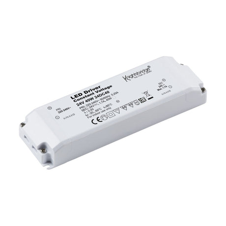 The 40W Constant Voltage LED Driver 24V, with its white rectangular casing, showcases various technical specifications, including a constant voltage output and electrical certification marks. It also prominently displays IP20 protection symbols on its surface.