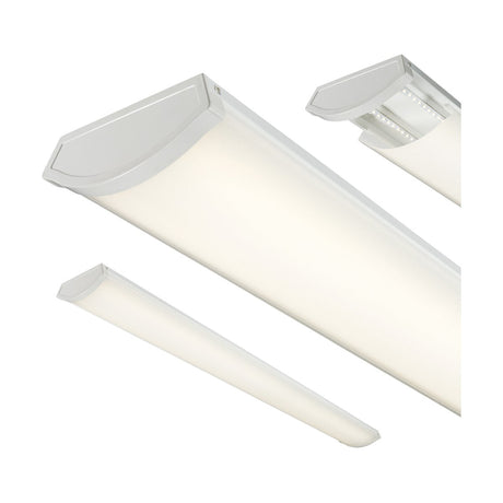 A set of three 49W 5ft LED Surface Light Fittings in various sizes, ideal for commercial and retail settings. Each fixture boasts a rectangular design with a frosted cover, made for ceiling mounting. The lights are showcased from multiple angles against a simple white background.