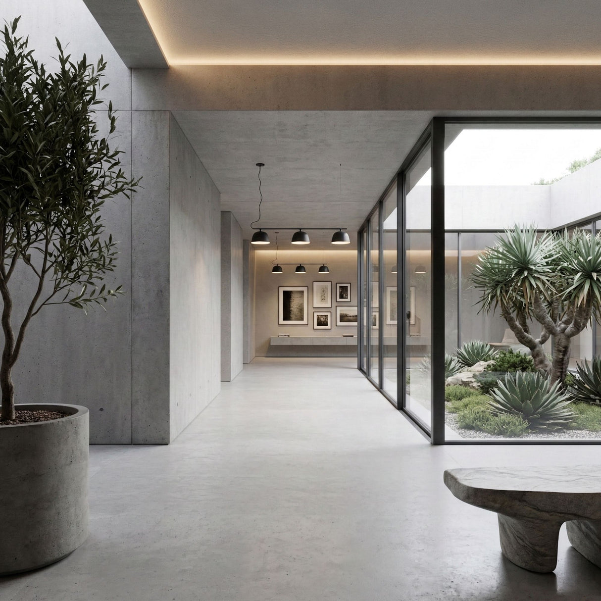 A modern minimalist hallway features concrete walls and floors, large glass windows with courtyard views, a stone bench, framed art on the far wall, and is illuminated by the Bounds 3 Light Linear Suspension Light in black.