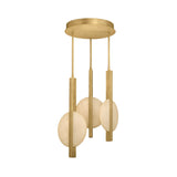 The Elyra 3 Light LED Alabaster Cluster Pendant Light features a round brushed brass base with three vertical rods and alabaster globe shades in soft white, suspended at different heights for a modern look.