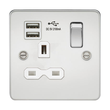 13A 1G SP Switched Socket with Dual USB A+A (5V DC 2.1A shared) - Polished Chrome with White Insert