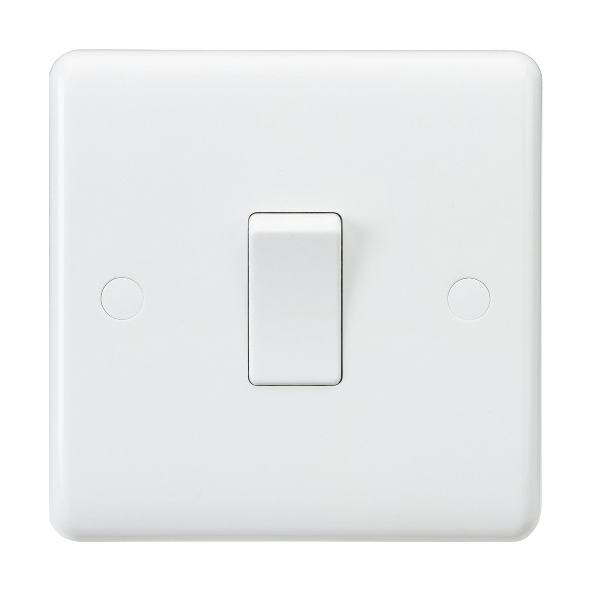 A white, square-shaped 10AX 1 Gang 1-Way Switch from Knightsbridge, featuring a 7mm plate against a plain white backdrop. The switch is centered and positioned in the off mode. Designed with minimalistic aesthetics and smooth edges, it offers an anti-microbial surface to enhance hygiene.