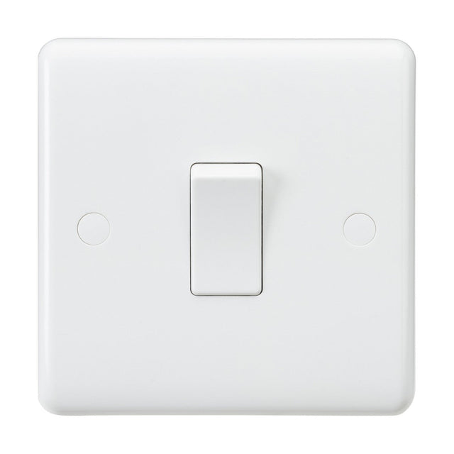 A white plastic 10AX 1 Gang 2-Way Switch (Rounded Edge) is installed on the wall, displayed in the off position. The switch plate, with its square shape and rounded edges, is made from durable thermoset resin with anti-microbial properties and includes two small screw covers on each side.