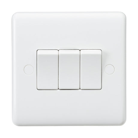 The 10AX 3 Gang 2-Way Switch features a white, thermoset resin-crafted light plate with three horizontally aligned switches on a white background. Its square panel offers minimalistic and anti-microbial properties, making it ideal for modern home interiors.