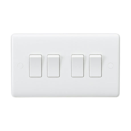 The Double Plate 10AX 4 Gang 2-Way Switch (Rounded Edge) features four horizontal rocker switches with anti-microbial properties and a sleek design for easy wall mounting and functionality.