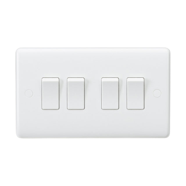 The Double Plate 10AX 4 Gang 2-Way Switch (Rounded Edge) features four horizontal rocker switches with anti-microbial properties and a sleek design for easy wall mounting and functionality.