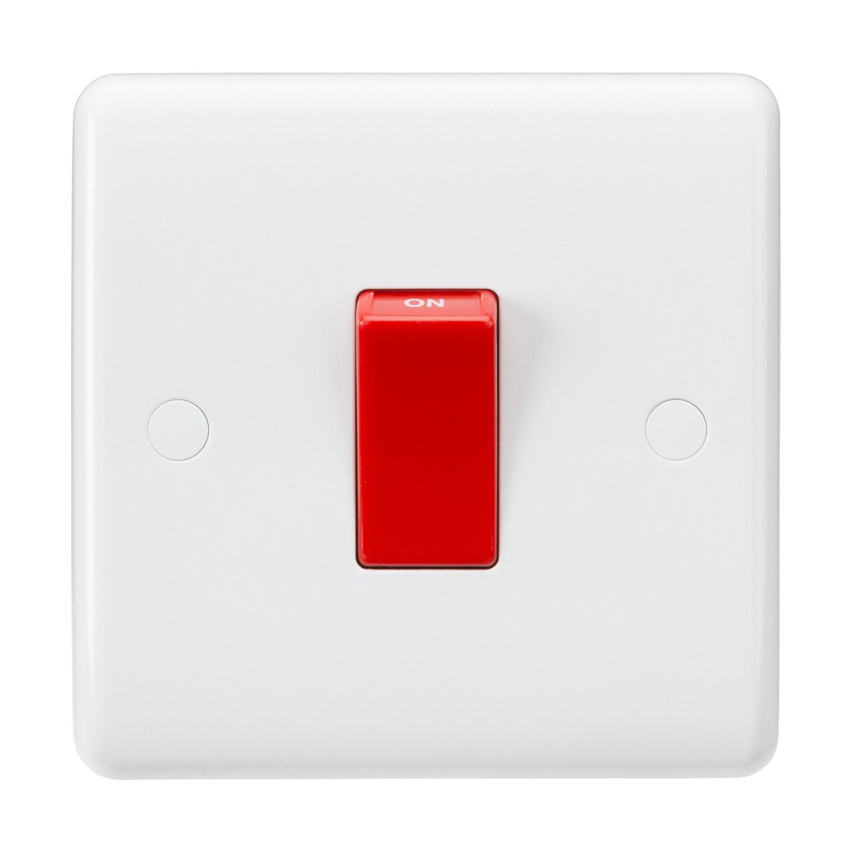 The 45A DP Switch (1 Gang Size) - Red Rocker (Rounded Edge) is a white plastic wall switch with its red rocker toggle in the on position. It features a minimalist design crafted from durable thermoset resin, offering both sleek aesthetics and functionality.