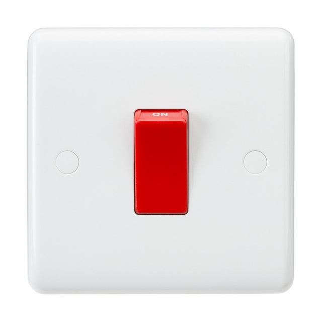 The 45A DP Switch (1 Gang Size) - Red Rocker (Rounded Edge) is a white plastic wall switch with its red rocker toggle in the on position. It features a minimalist design crafted from durable thermoset resin, offering both sleek aesthetics and functionality.