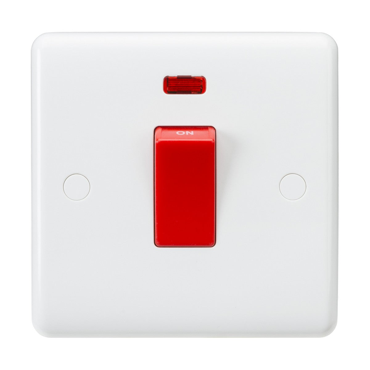 A 45A double pole switch featuring a prominent red rocker button in the center, labeled with ON at the top. It includes a small neon indicator light positioned above the switch. The plate has two screw holes on each side and is designed with rounded edges.