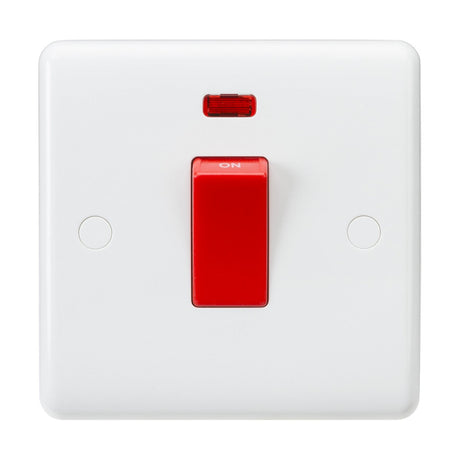 A 45A double pole switch featuring a prominent red rocker button in the center, labeled with ON at the top. It includes a small neon indicator light positioned above the switch. The plate has two screw holes on each side and is designed with rounded edges.