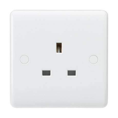 The 13A 1 Gang Unswitched Socket (Rounded Edge) in white is a British-style electrical wall socket with three rectangular holes arranged in a triangular pattern on a smooth, square faceplate made from durable thermoset resin.