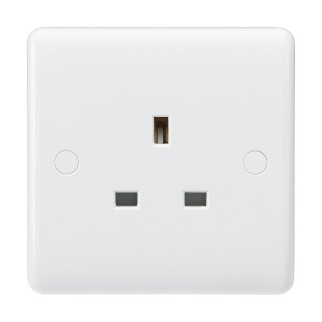 The 13A 1 Gang Unswitched Socket (Rounded Edge) in white is a British-style electrical wall socket with three rectangular holes arranged in a triangular pattern on a smooth, square faceplate made from durable thermoset resin.