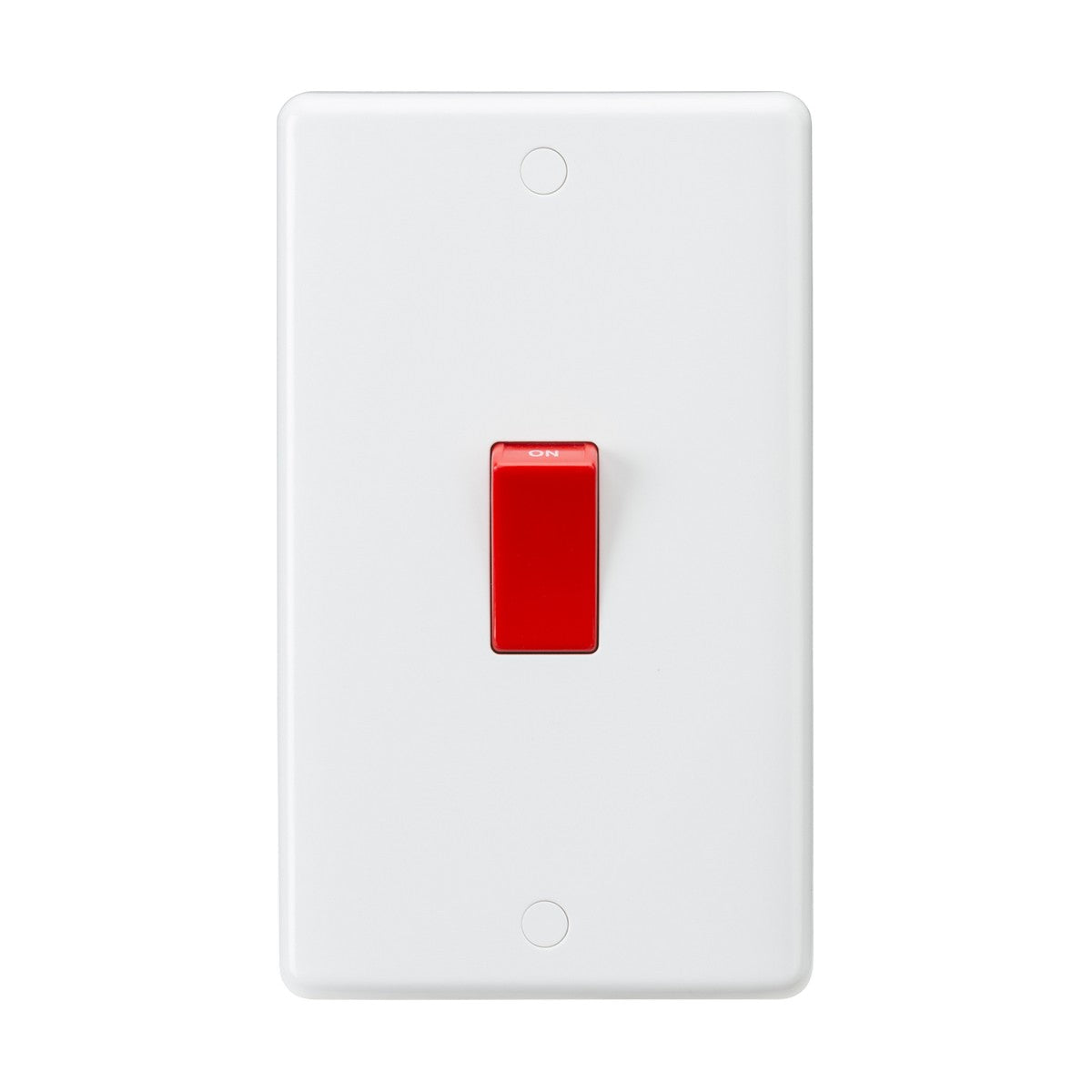 The 45A DP Switch (2 Gang Size) with a red rocker, crafted from durable thermoset resin, features a white switch plate and is set to the on position. The minimalist design with rounded edges includes anti-microbial properties for enhanced safety.