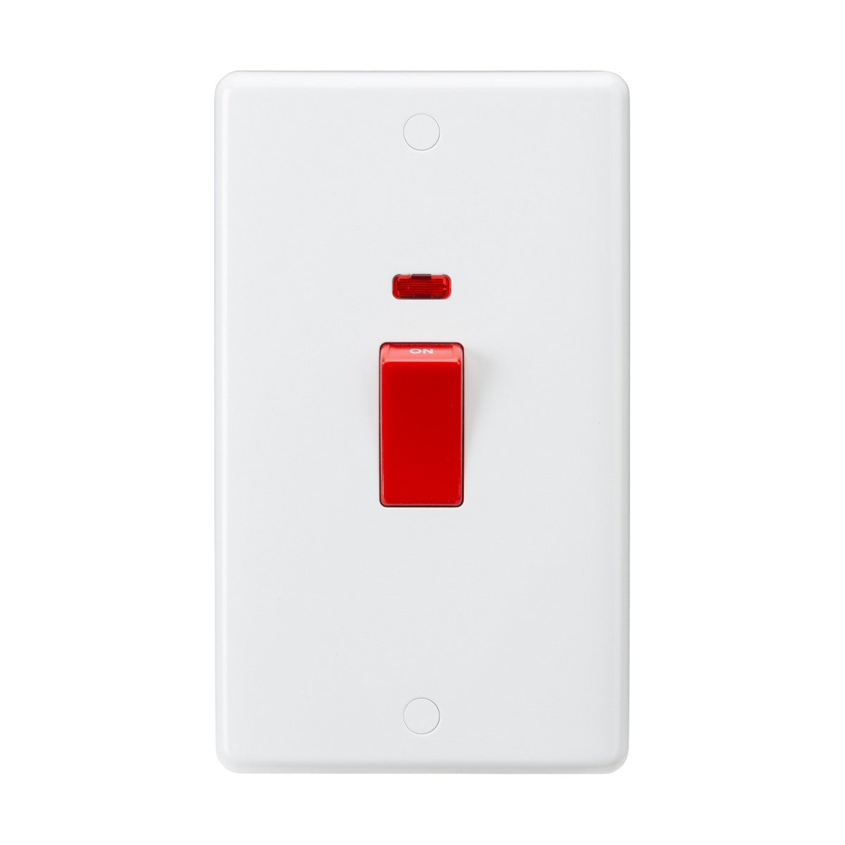 A switch plate with a sleek design showcases the "45A DP Switch Neon (2 Gang Size)" in brilliant white, highlighted by its distinctive red rocker at the center. The switch is labeled with an ON indicator and displays a neon light for enhanced visibility, though it currently rests in the off position.
