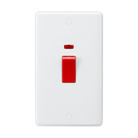 A switch plate with a sleek design showcases the "45A DP Switch Neon (2 Gang Size)" in brilliant white, highlighted by its distinctive red rocker at the center. The switch is labeled with an ON indicator and displays a neon light for enhanced visibility, though it currently rests in the off position.
