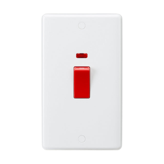 A switch plate with a sleek design showcases the "45A DP Switch Neon (2 Gang Size)" in brilliant white, highlighted by its distinctive red rocker at the center. The switch is labeled with an ON indicator and displays a neon light for enhanced visibility, though it currently rests in the off position.
