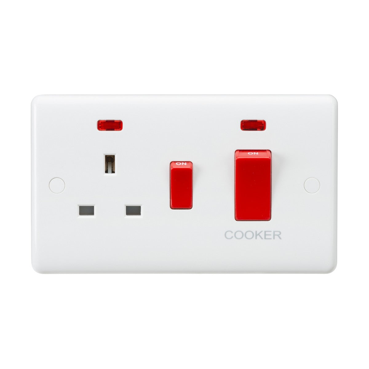 The white electrical wall plate, known as the 45A DP Switch & 13A Socket Neons - Red Rocker, includes a three-pin socket and two red neon switches labeled "ON." The word "COOKER" is printed below to indicate its use as a 45A DP Cooker Switch for kitchen appliances, featuring anti-microbial properties for improved safety and hygiene.