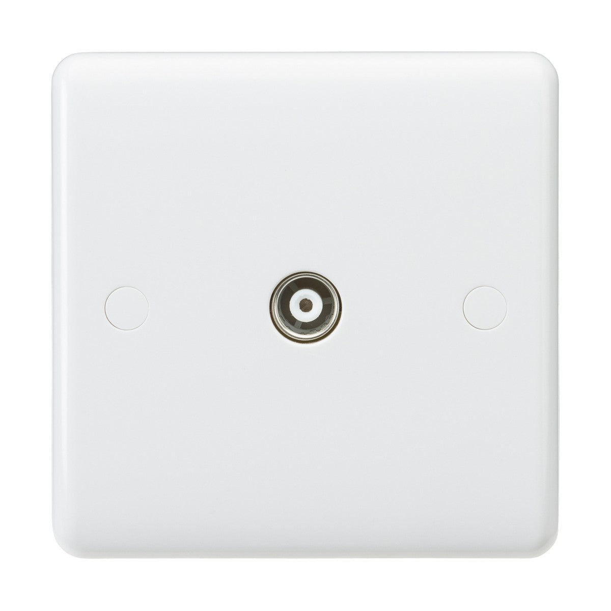 Introducing the TV Outlet (Isolated): a white square coaxial outlet featuring a central circular port, ideal for connecting TV or radio antennas. Made from durable thermoset resin, it is designed against a plain white background for a sleek appearance.