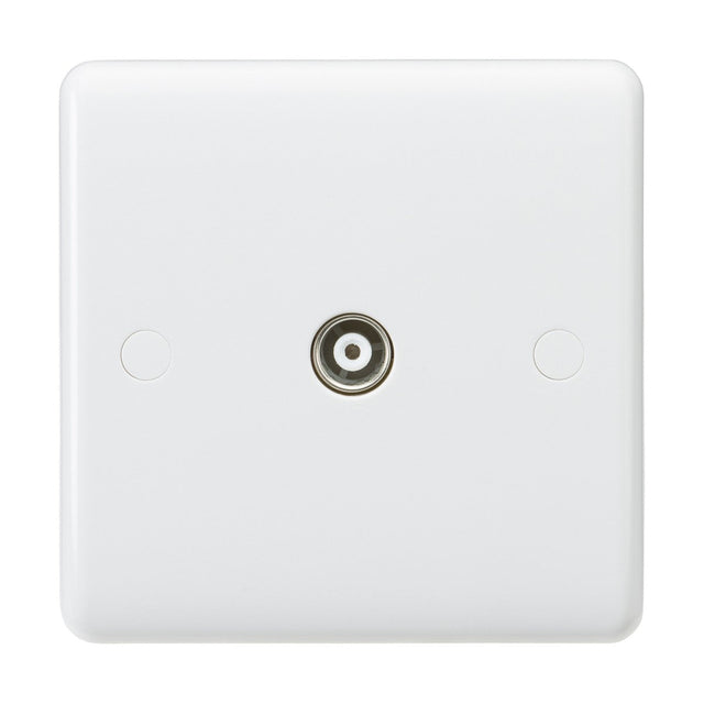 Introducing the TV Outlet (Isolated): a white square coaxial outlet featuring a central circular port, ideal for connecting TV or radio antennas. Made from durable thermoset resin, it is designed against a plain white background for a sleek appearance.