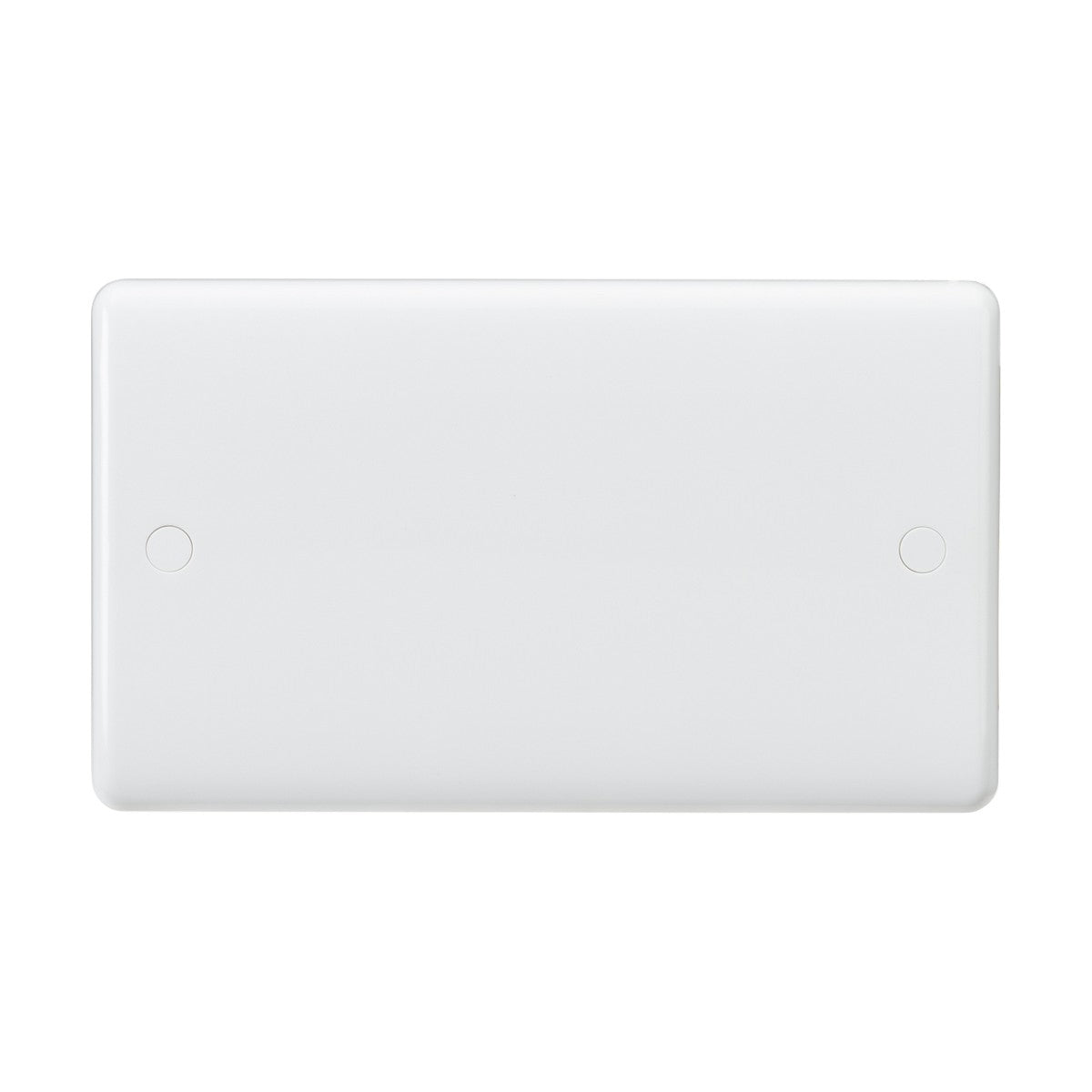 The 2 Gang Blanking Plate (Rounded Edge) is a plain, rectangular white plastic cover featuring smooth edges and two small circular indentations near the corners, enhanced with anti-microbial properties for extra hygiene.