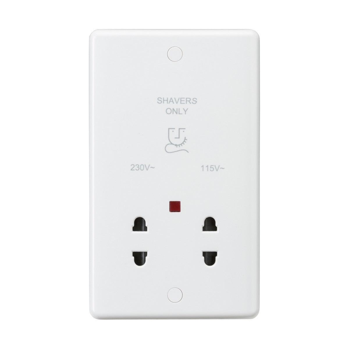 The 115/Dual Voltage Shaver Socket Neon features a black insert and rounded edges, offers dual voltage options (230V and 115V), includes a shaver diagram, red indicator light, and two plug sockets.