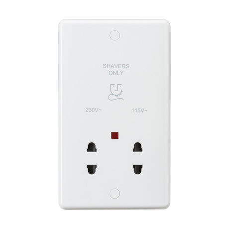 The 115/Dual Voltage Shaver Socket Neon features a black insert and rounded edges, offers dual voltage options (230V and 115V), includes a shaver diagram, red indicator light, and two plug sockets.