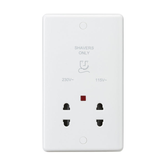 The 115/Dual Voltage Shaver Socket Neon features a black insert and rounded edges, offers dual voltage options (230V and 115V), includes a shaver diagram, red indicator light, and two plug sockets.