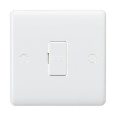 The 13A Fused Spur Unit (Rounded Edge) is mounted on a white wall plate with the word "FUSE" embossed in the center. Made from thermoset resin for greater durability, it also includes anti-microbial features. The unit has two circular screw covers on each side of the switch.