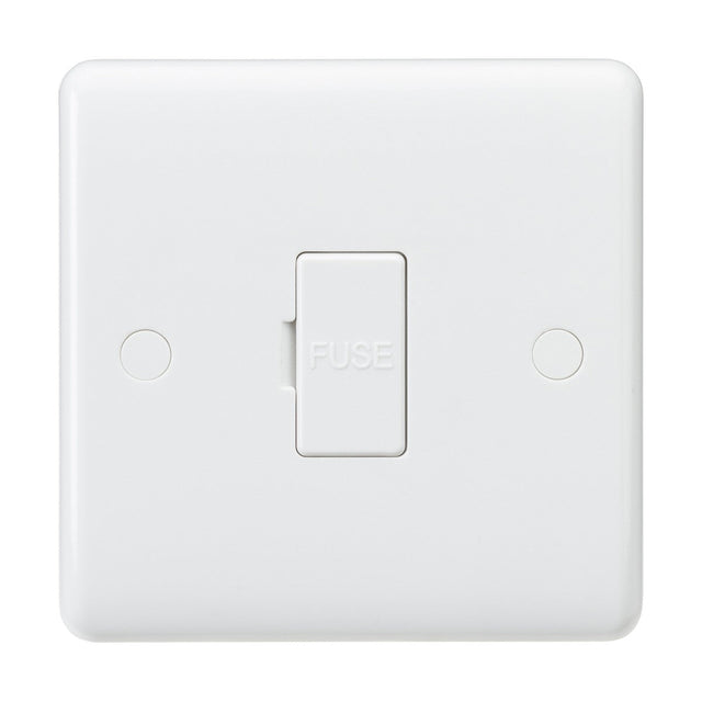 The 13A Fused Spur Unit (Rounded Edge) is mounted on a white wall plate with the word "FUSE" embossed in the center. Made from thermoset resin for greater durability, it also includes anti-microbial features. The unit has two circular screw covers on each side of the switch.