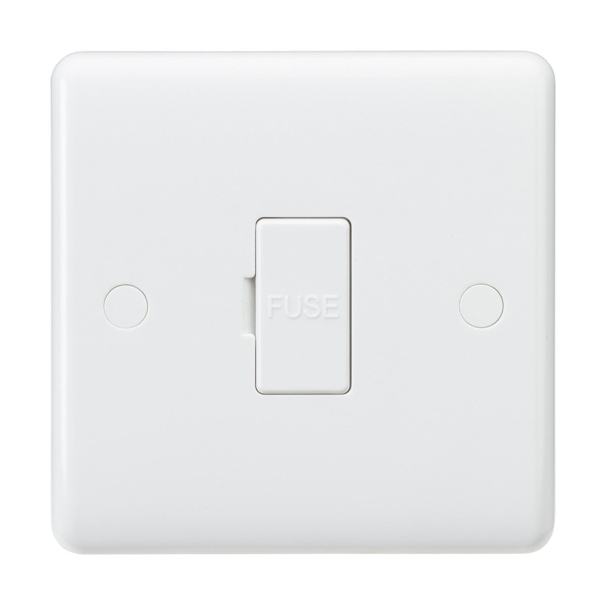 The 13A Fused Spur Unit with a 3A fuse fitted, crafted from anti-microbial thermoset resin, features a rectangular FUSE button at the center of its square faceplate. This white unit includes two small screw holes, all set against a pristine white background with rounded edges.