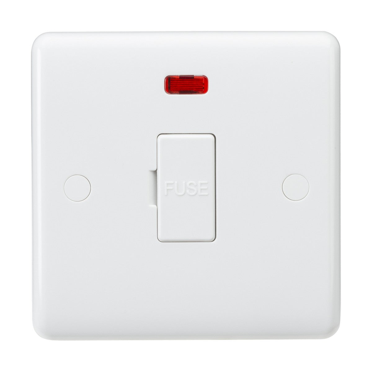 The 13A Fused Spur Unit Neon (Rounded Edge) is designed with a white fused spur unit featuring the word "FUSE" embossed on the central button and a neon indicator light positioned above it. It is mounted on a smooth, anti-microbial square panel, providing both functionality and hygiene.