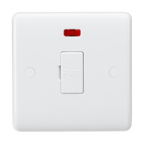 The 13A Fused Spur Unit Neon (Rounded Edge) is designed with a white fused spur unit featuring the word "FUSE" embossed on the central button and a neon indicator light positioned above it. It is mounted on a smooth, anti-microbial square panel, providing both functionality and hygiene.