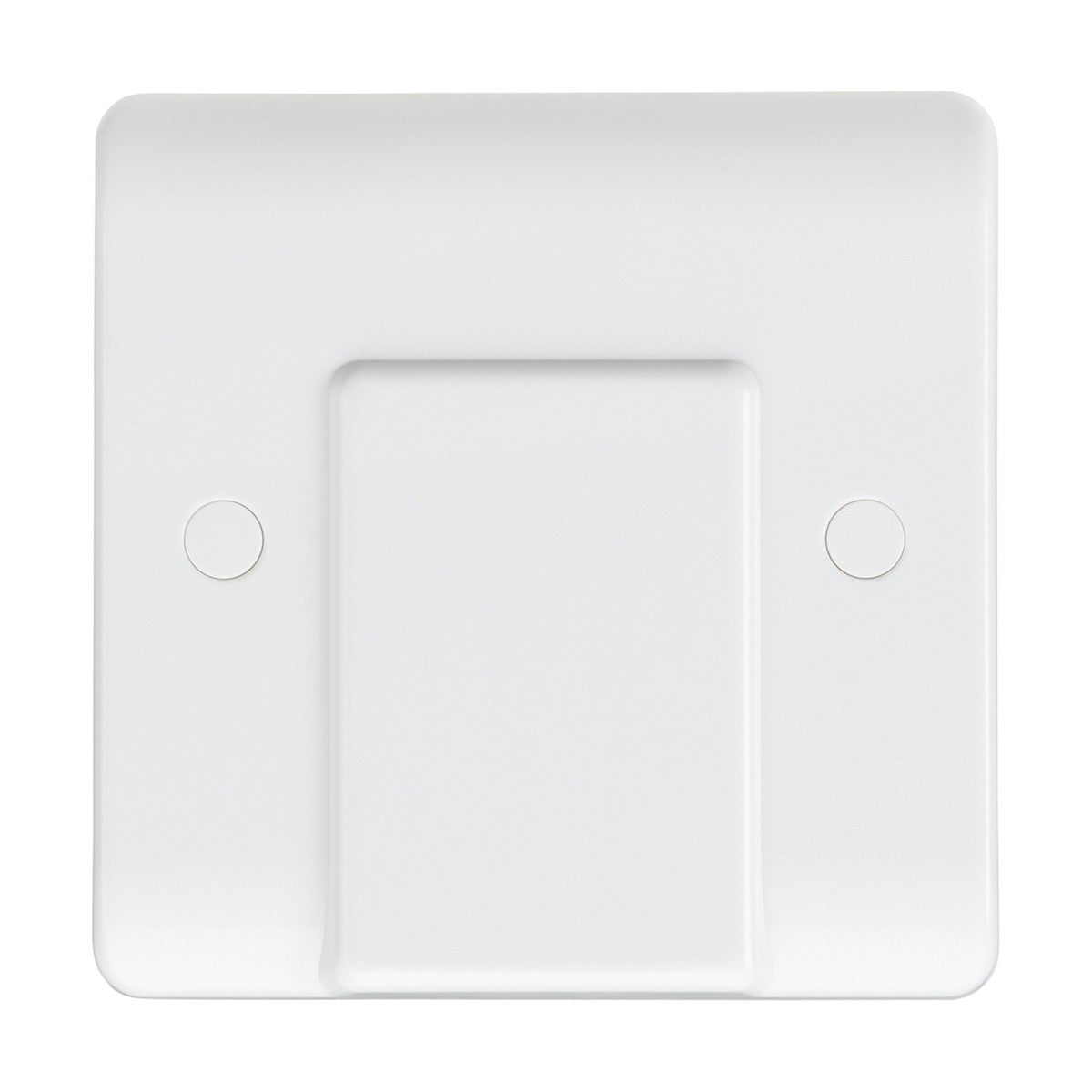 The 20A Flex Outlet Plate - White (Rounded Edge) is a white, rectangular plastic wall cover with a flat surface and two small circular indents. It features a minimalist design suited for electrical outlets or switches, enhancing cable management efficiency.