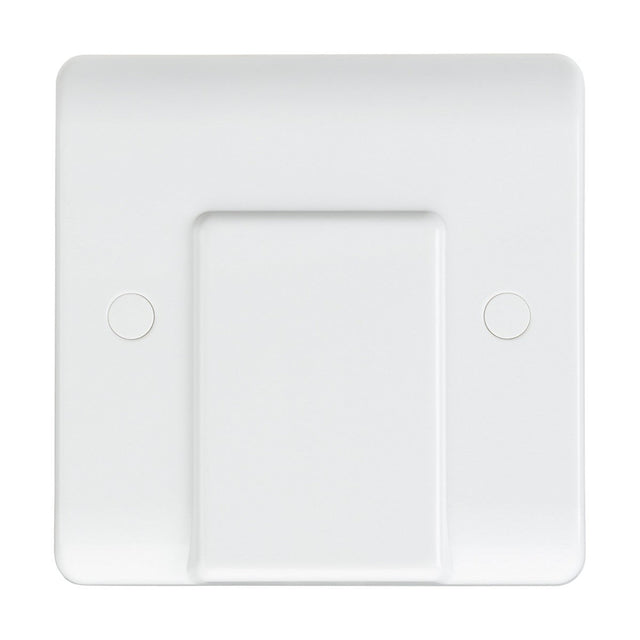 The 20A Flex Outlet Plate - White (Rounded Edge) is a white, rectangular plastic wall cover with a flat surface and two small circular indents. It features a minimalist design suited for electrical outlets or switches, enhancing cable management efficiency.